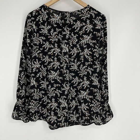 Talbots Top Size Small Black Brown Floral Chiffon Ruffle Bell Sleeve Blouse - Picture 5 of 7
